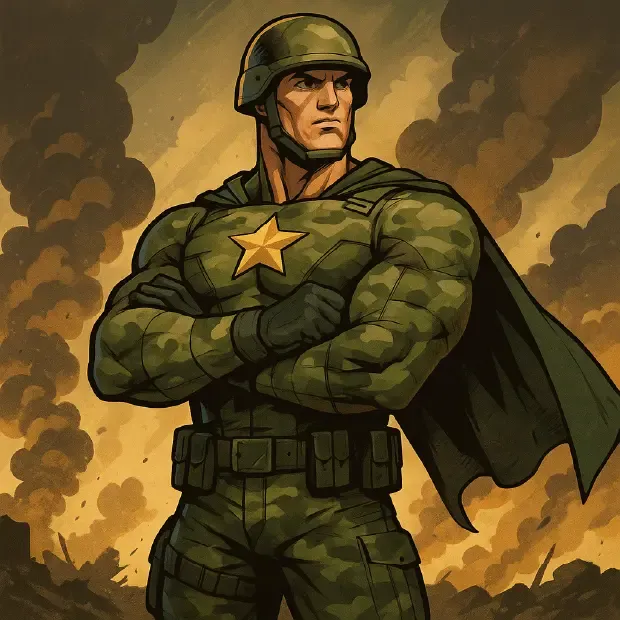 Muscular Male Superhero In Combat Fatigues Wearing A Military Helmet