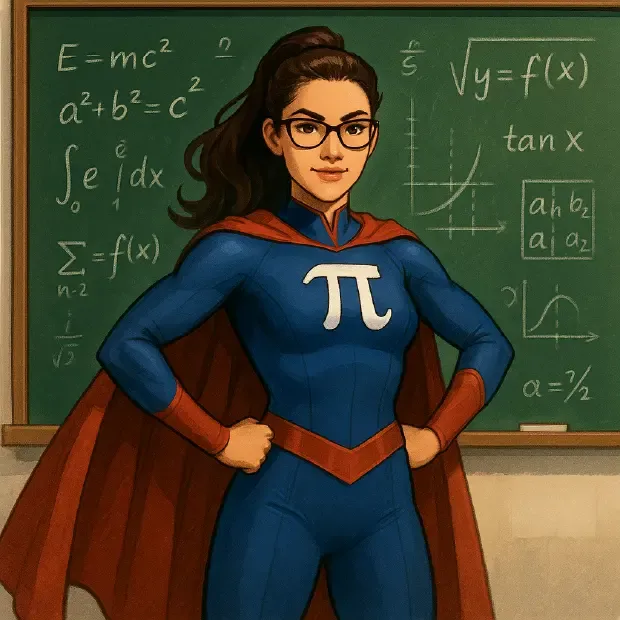 Female Superhero Standing In Front Of A Chalkboard With Mathematical Equations On The Board