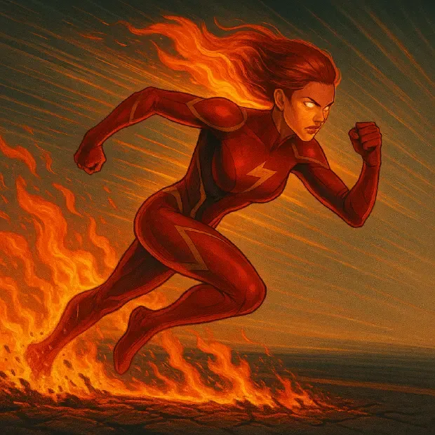 Female Superhero Running Very Quickly With Flames And Scorchmarks On The Ground Behind Her