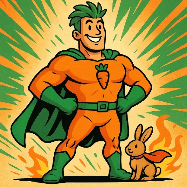 Male Superhero Wearing Orange Clothing With A Carrot Logo