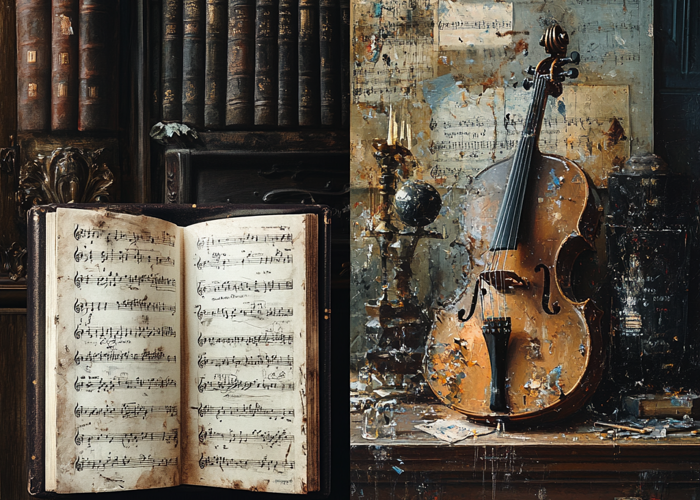 An image divided into two halves; the left side features hyper-realistic depictions of a novel, sheet music, and classic paintings, representing human-created art, while the right side shows stylised, digitally altered, AI-generated versions, highlighting contrasts between human and artificial intelligence creativity.