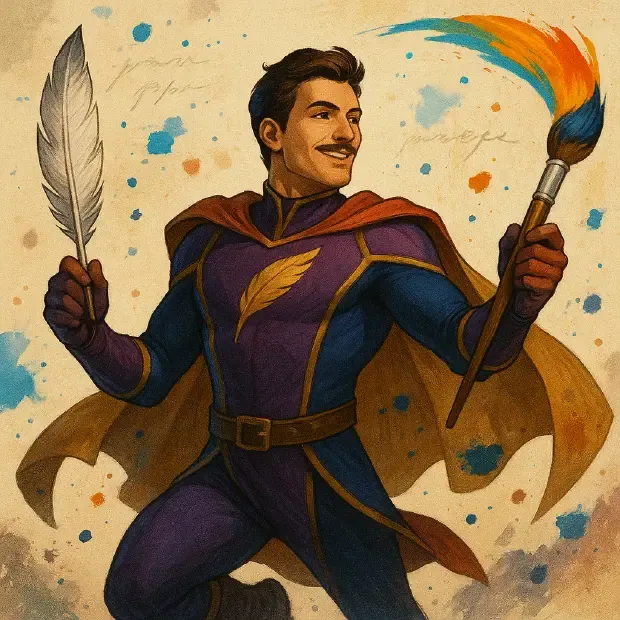 Male Superhero With A Quill Pen And A Paint Brush